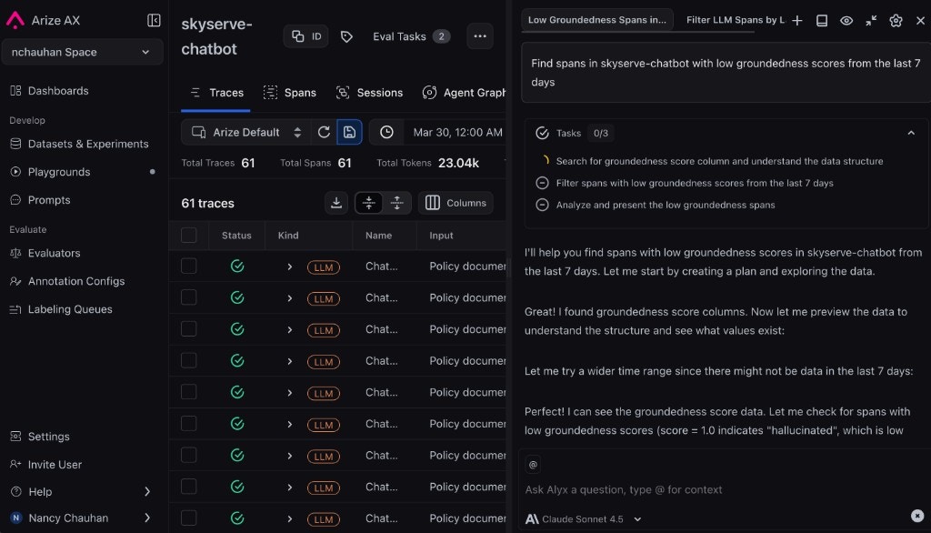 Arize AX skyserve-chatbot Traces view with Alyx assistant open, user request about groundedness-check failures this week, and Alyx task plan and progress