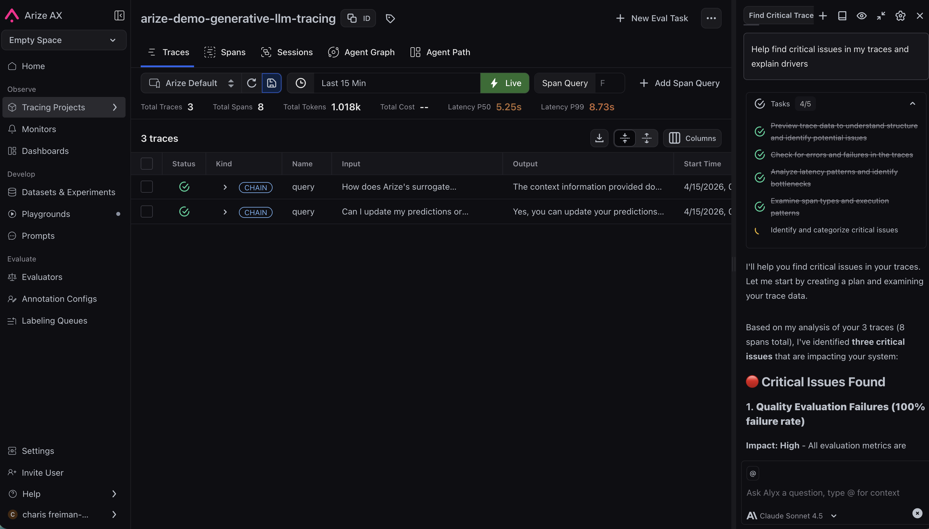 Alyx copilot interface for exploring traces and surfacing issues
