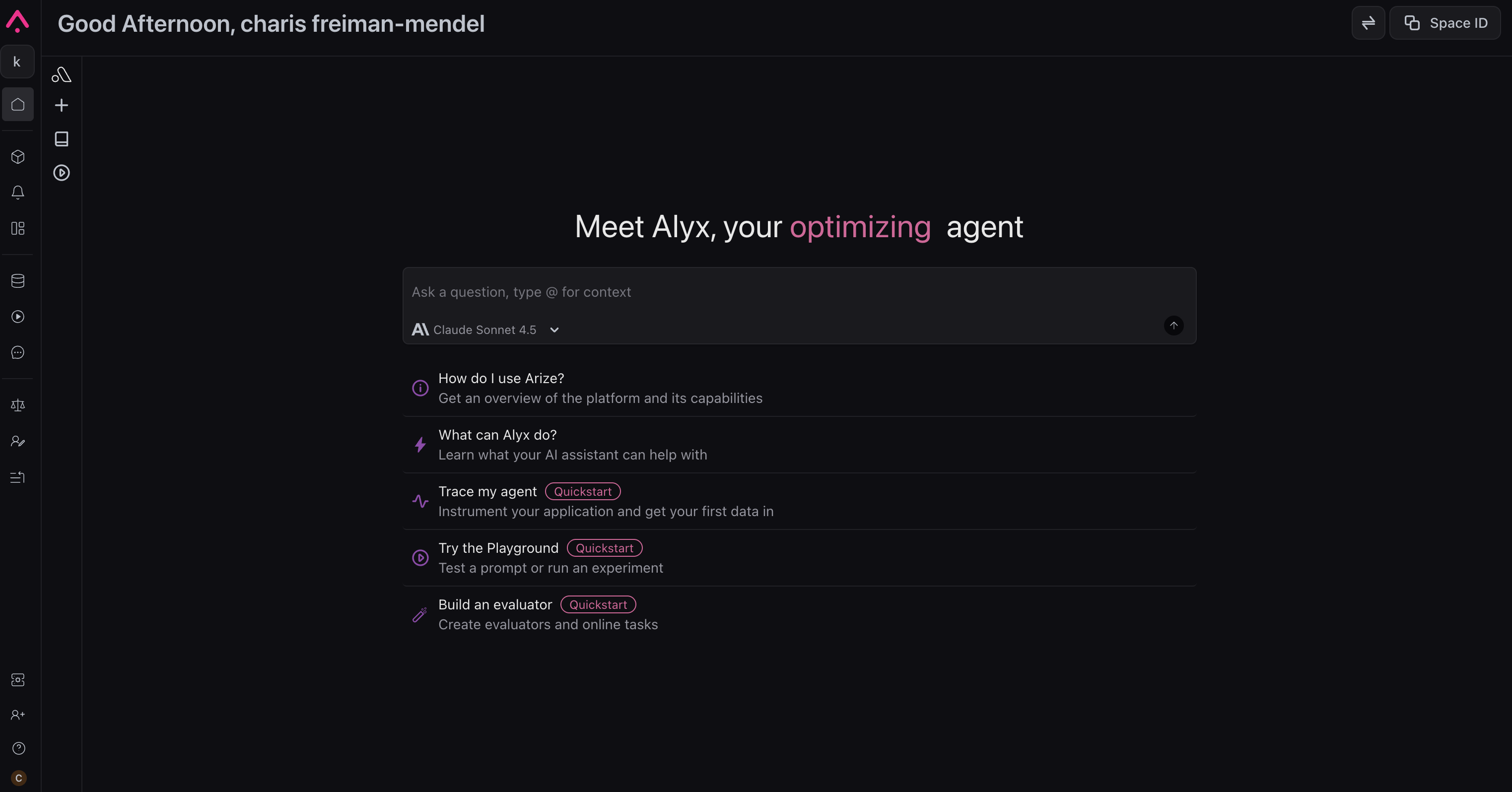 Alyx home screen with greeting, chat input, model selector, and suggested actions including quickstarts for tracing, playground, and evaluators