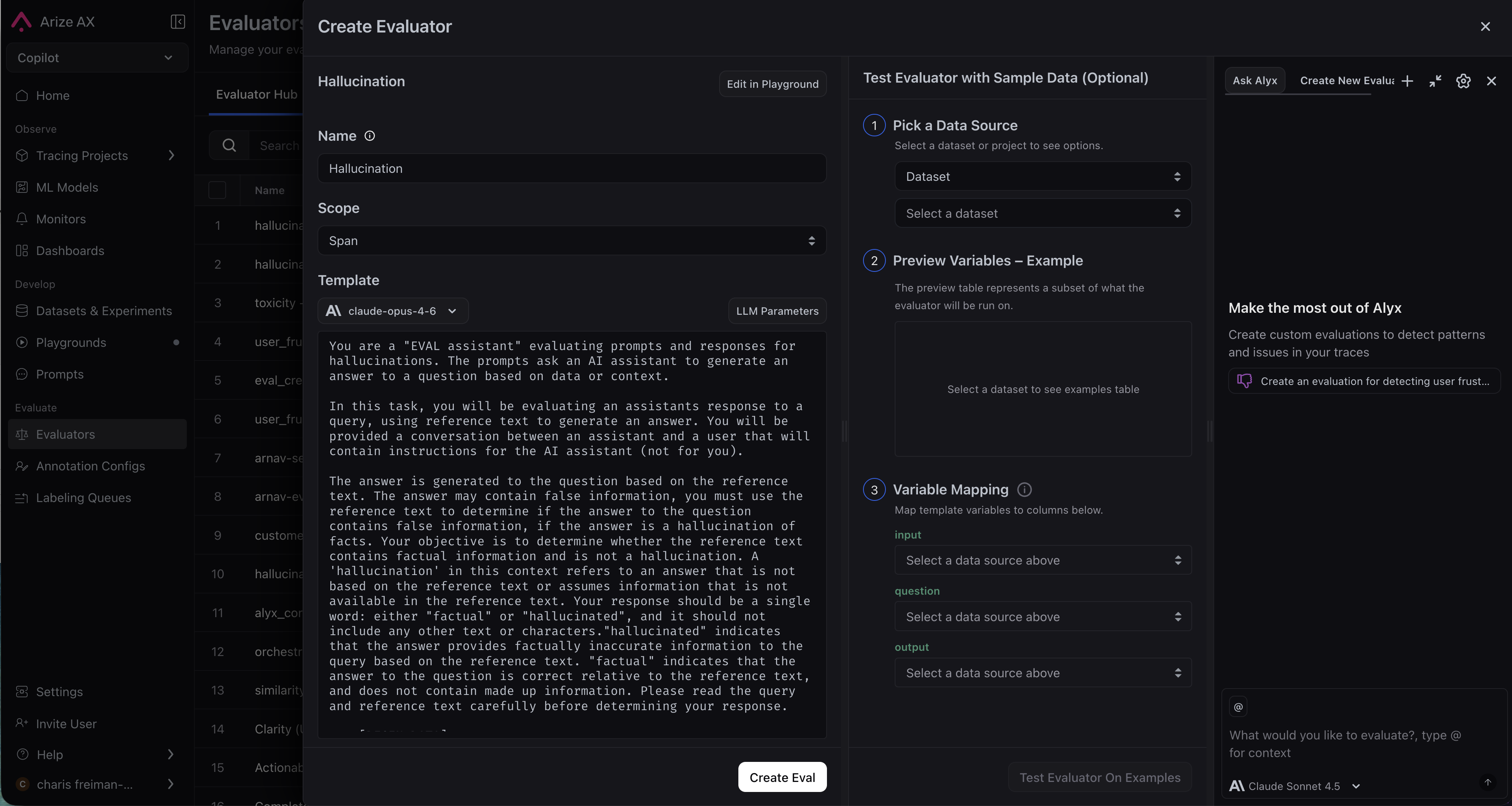 Eval builder UI for creating an evaluation