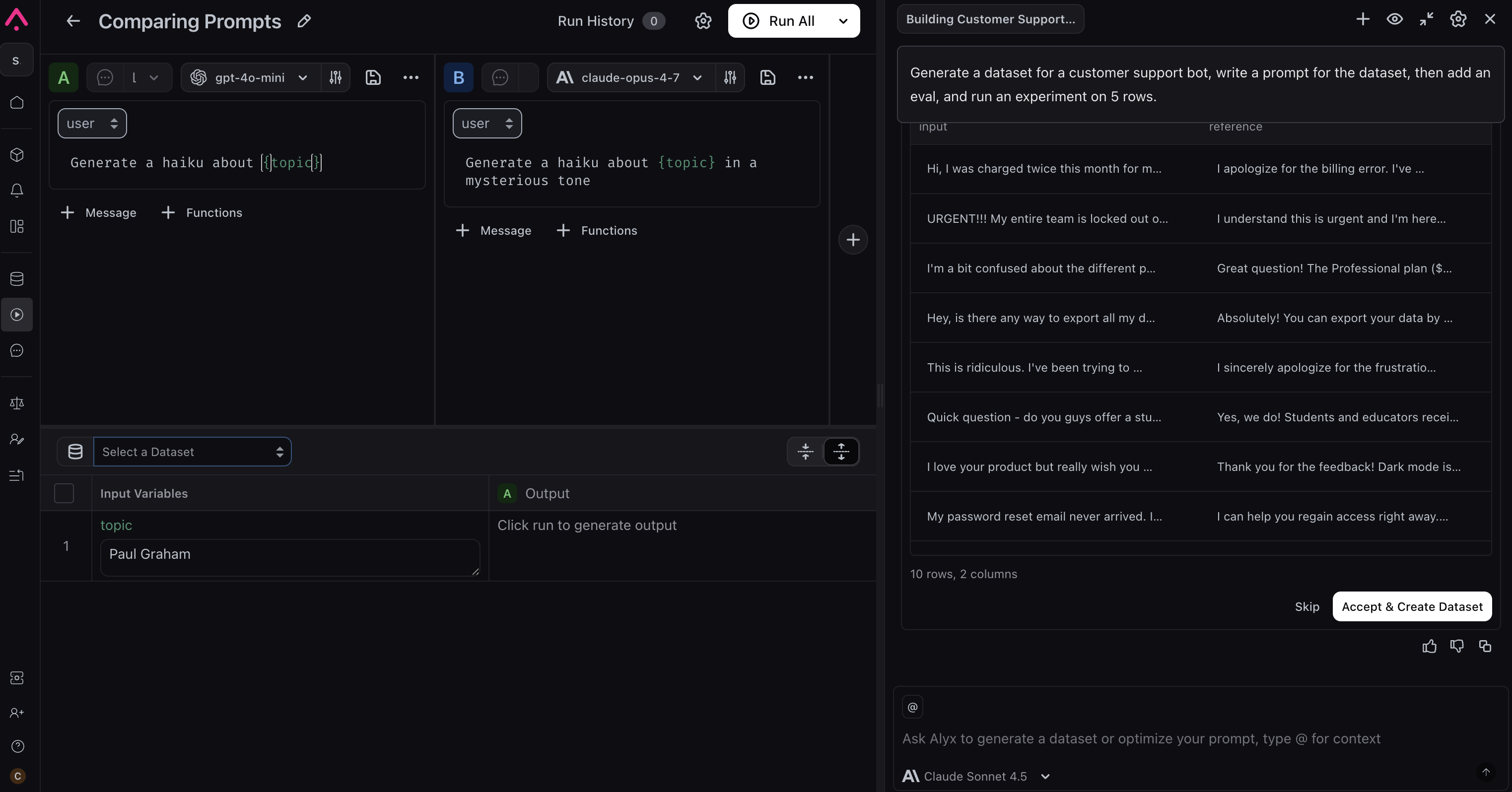Comparing Prompts experiment view with Alyx sidebar generating a preview dataset and Accept and Create Dataset action