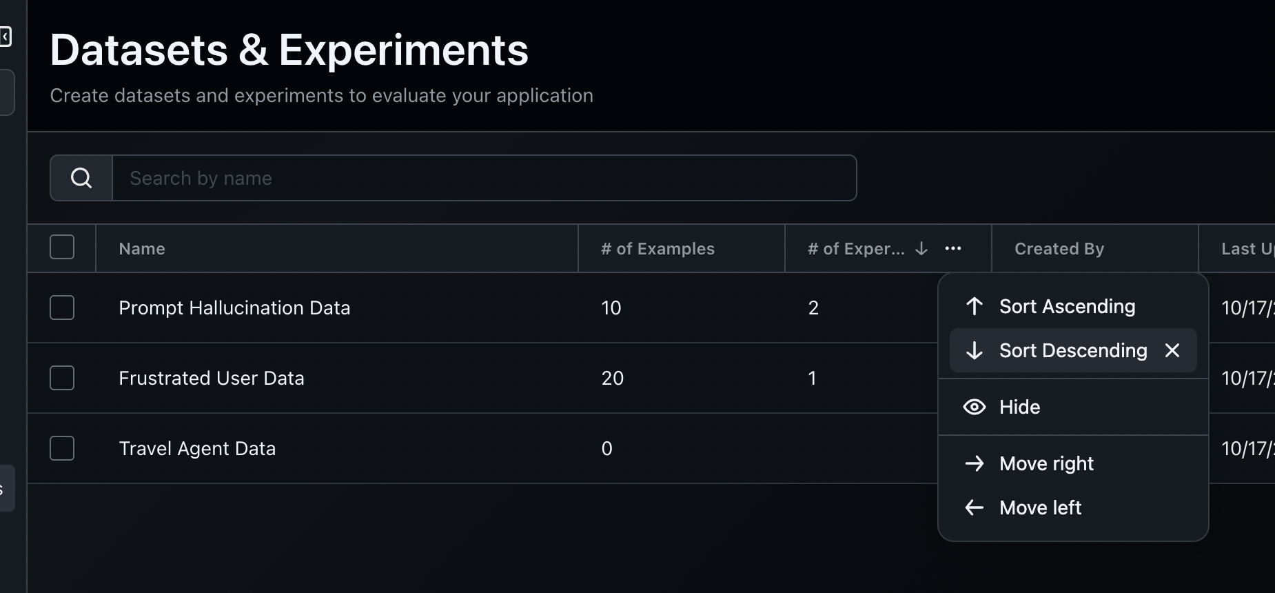 Sort Datasets and Experiment Listing Table